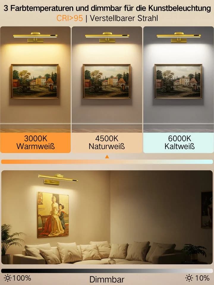 OUTON LED-Bilderleuchte 2er-Set Gold 270° verstellbar & Akku - Bild 3