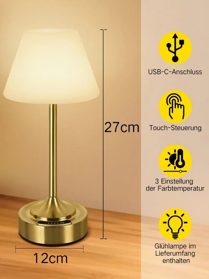 OUTON LED Tischleuchte Kabellos mit Akku & Farbwechsel Gold - Bild 3
