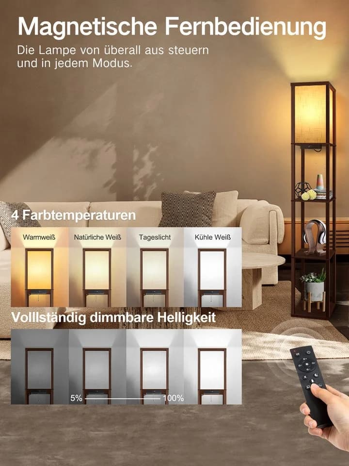 OUTON LED Stehlampe Regal mit Fernbedienung, USB-Anschlüssen und Timer, Braun