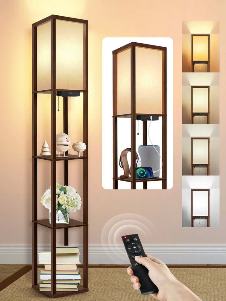 OUTON LED Stehlampe Regal mit Fernbedienung, USB-Anschlüssen und Timer, Braun - Bild 2