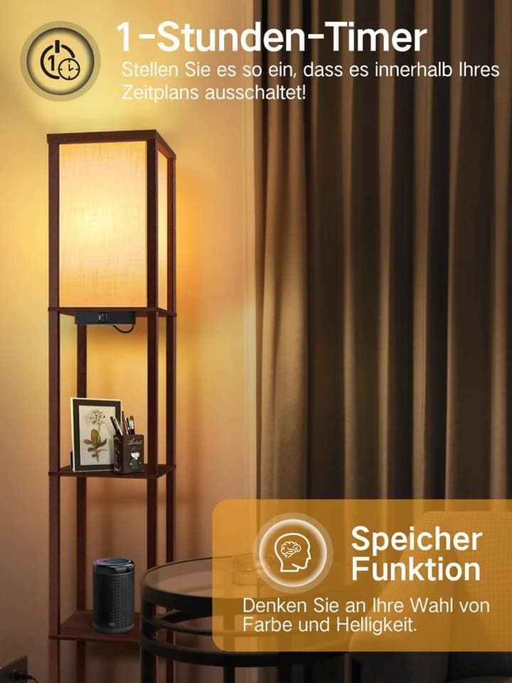 OUTON LED Stehlampe Regal mit Fernbedienung, USB-Anschlüssen und Timer, Braun - Bild 3