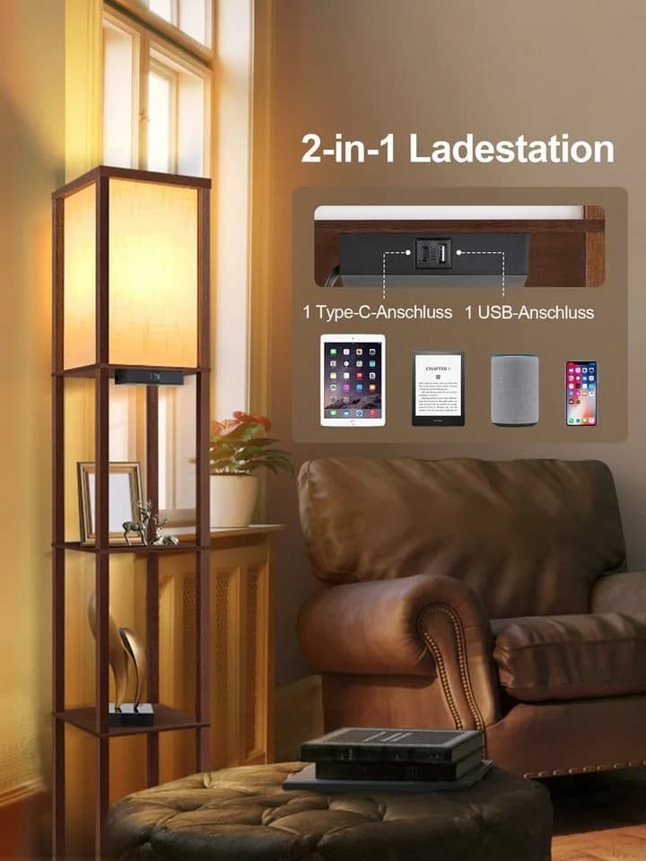OUTON LED Stehlampe Regal mit Fernbedienung, USB-Anschlüssen und Timer, Braun - Bild 4