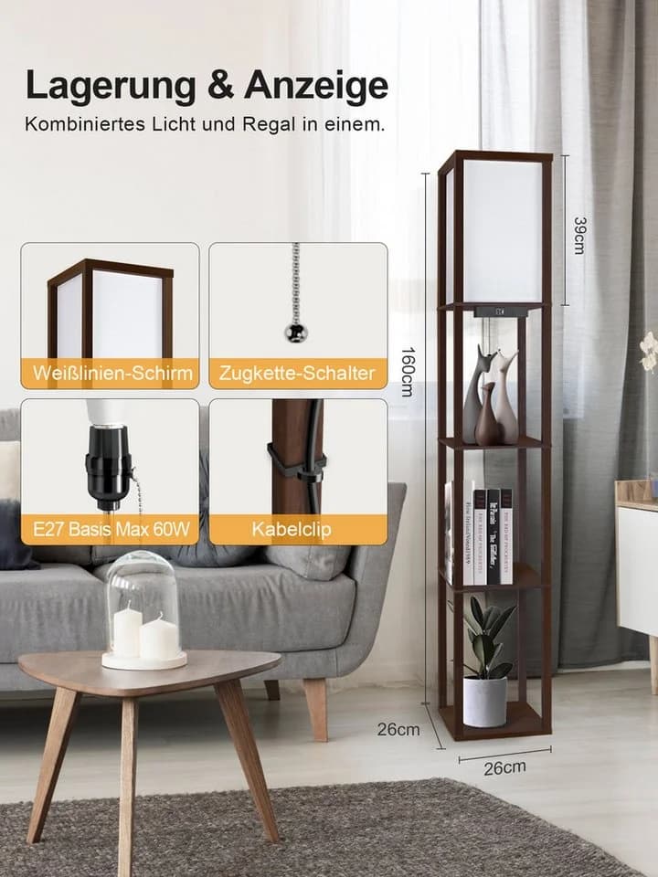 OUTON LED Stehlampe Regal mit Fernbedienung, USB-Anschlüssen und Timer, Braun - Bild 5