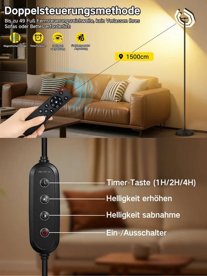 OUTON LED Stehlampe Schwarz Dimmbar 2700K-6500K Fernbedienung