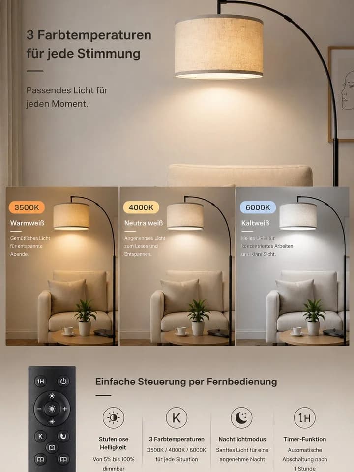 OUTON LED Bogen-Stehleuchte Schwarz Dimmbar Fernbedienung - Bild 5