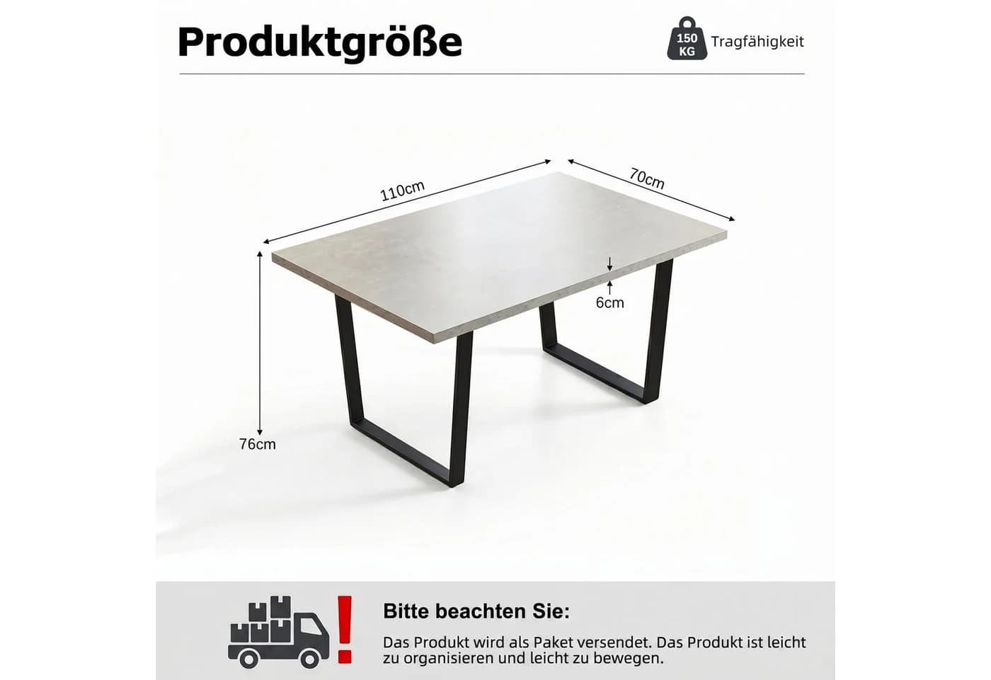 Jiexi Esstisch 110x70cm rechteckig MDF-Platte mit U-Metallgestell - Bild 3