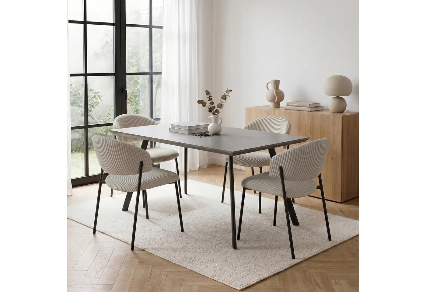 Jiexi Essgruppe 110x70 cm mit MDF-Tisch und Cord-Stühlen Grau - Bild 2