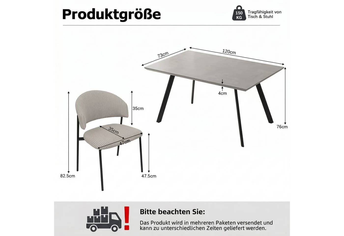 Jiexi Essgruppe 110x70 cm mit MDF-Tisch und Cord-Stühlen Grau - Bild 3