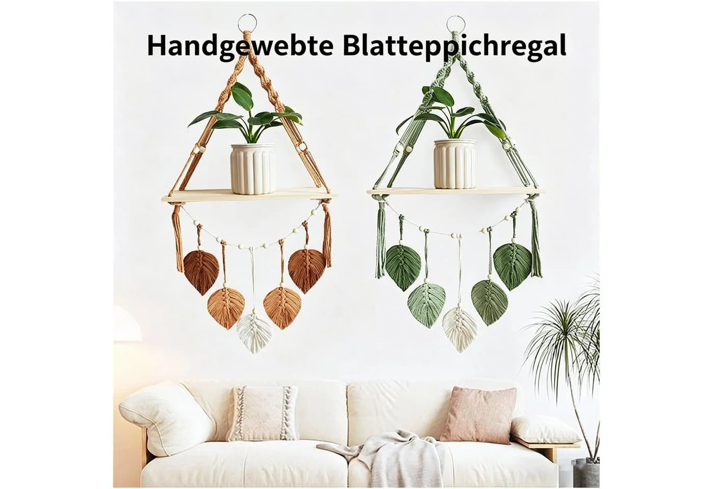 Mutig Makramee Wandregal Grün Braun Kiefernholz - Bild 3