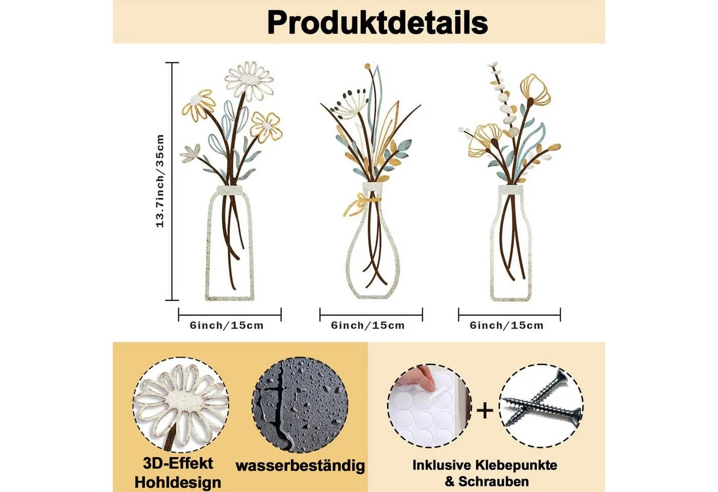Mutig 3-teiliges Metall-Blumen-Wanddekoobjekt Gold
