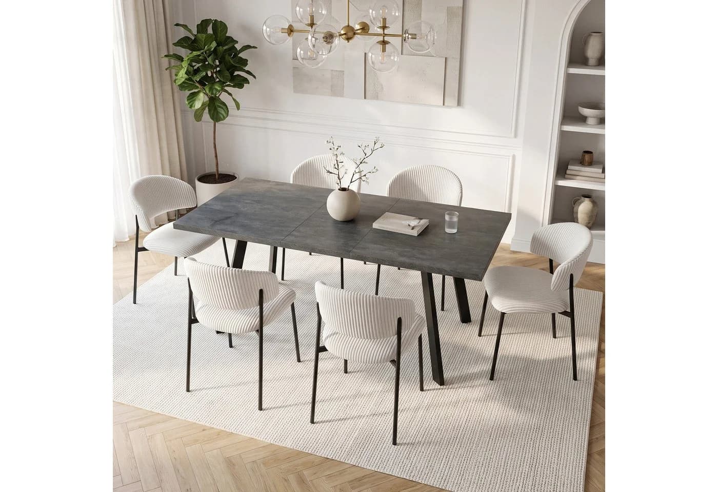 Jiexi Essgruppe Ausziehbar 140-180cm MDF Dunkelrhein-Optik & Cord Stühle