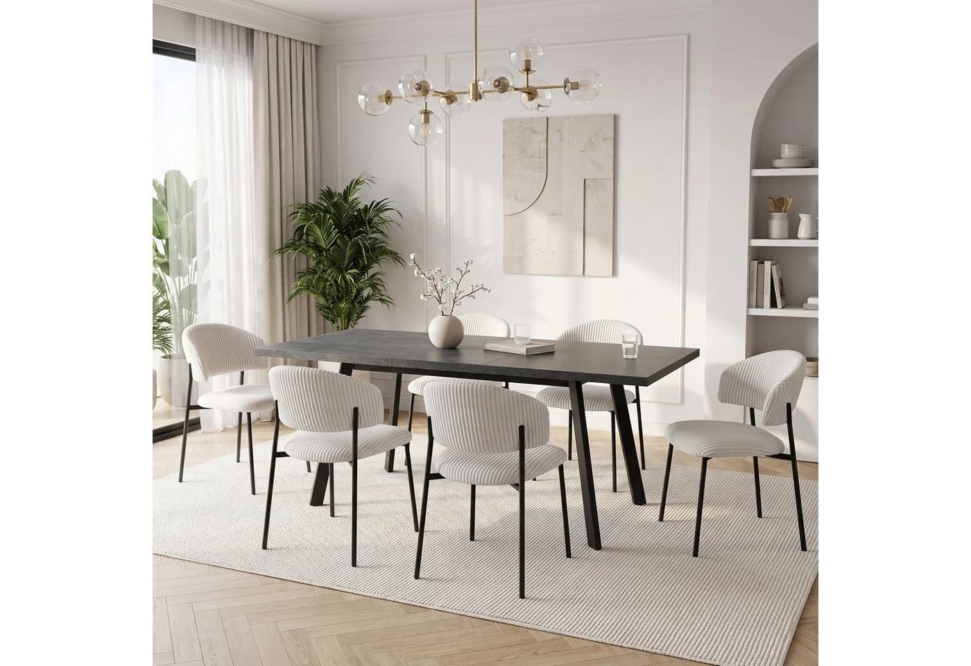 Jiexi Essgruppe Ausziehbar 140-180cm MDF Dunkelrhein-Optik & Cord Stühle - Bild 2