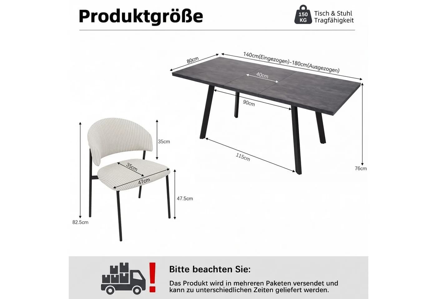 Jiexi Essgruppe Ausziehbar 140-180cm MDF Dunkelrhein-Optik & Cord Stühle - Bild 3