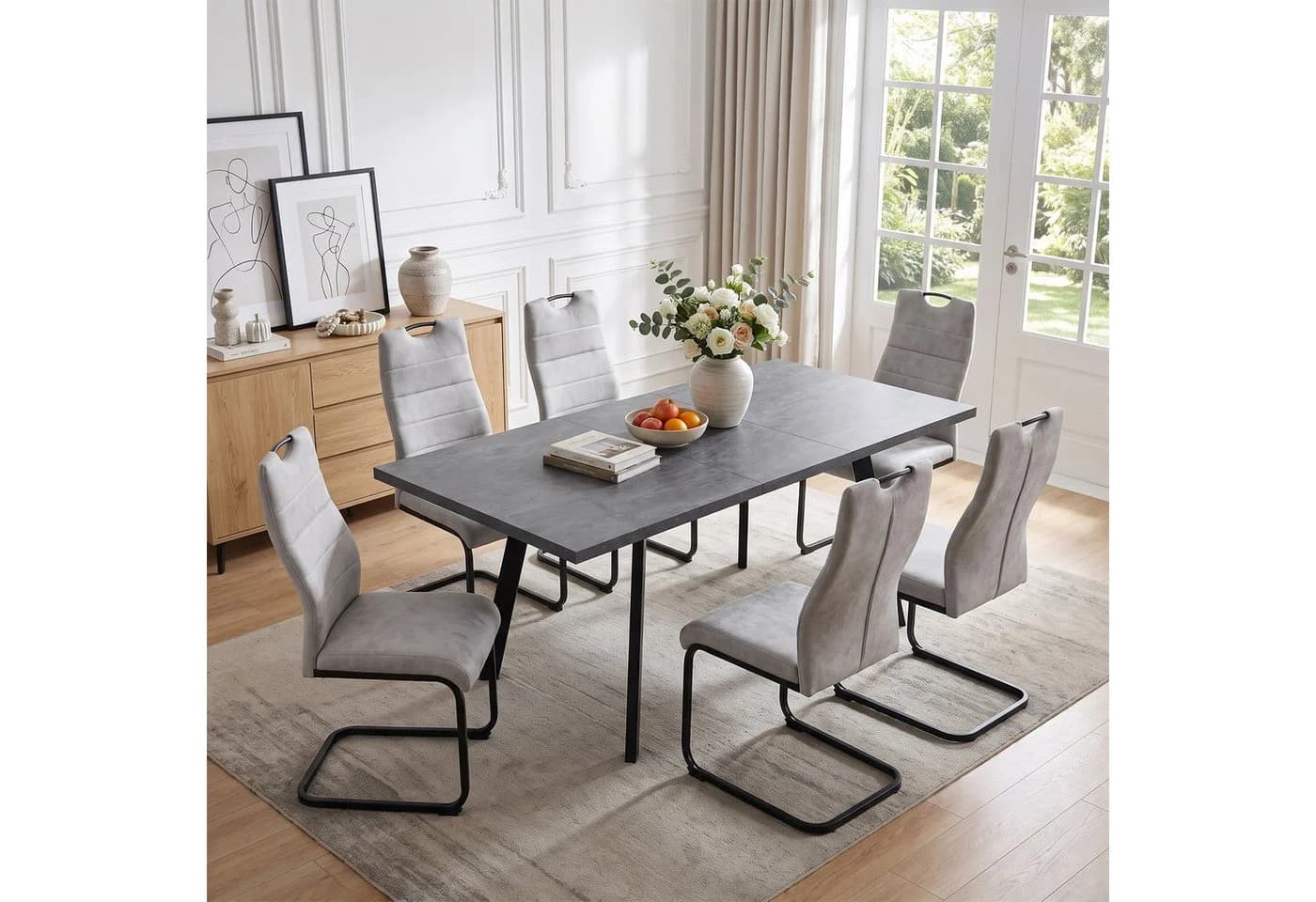 Jiexi Essgruppe Ausziehbar 140-180cm mit Freischwinger Stühlen Grau