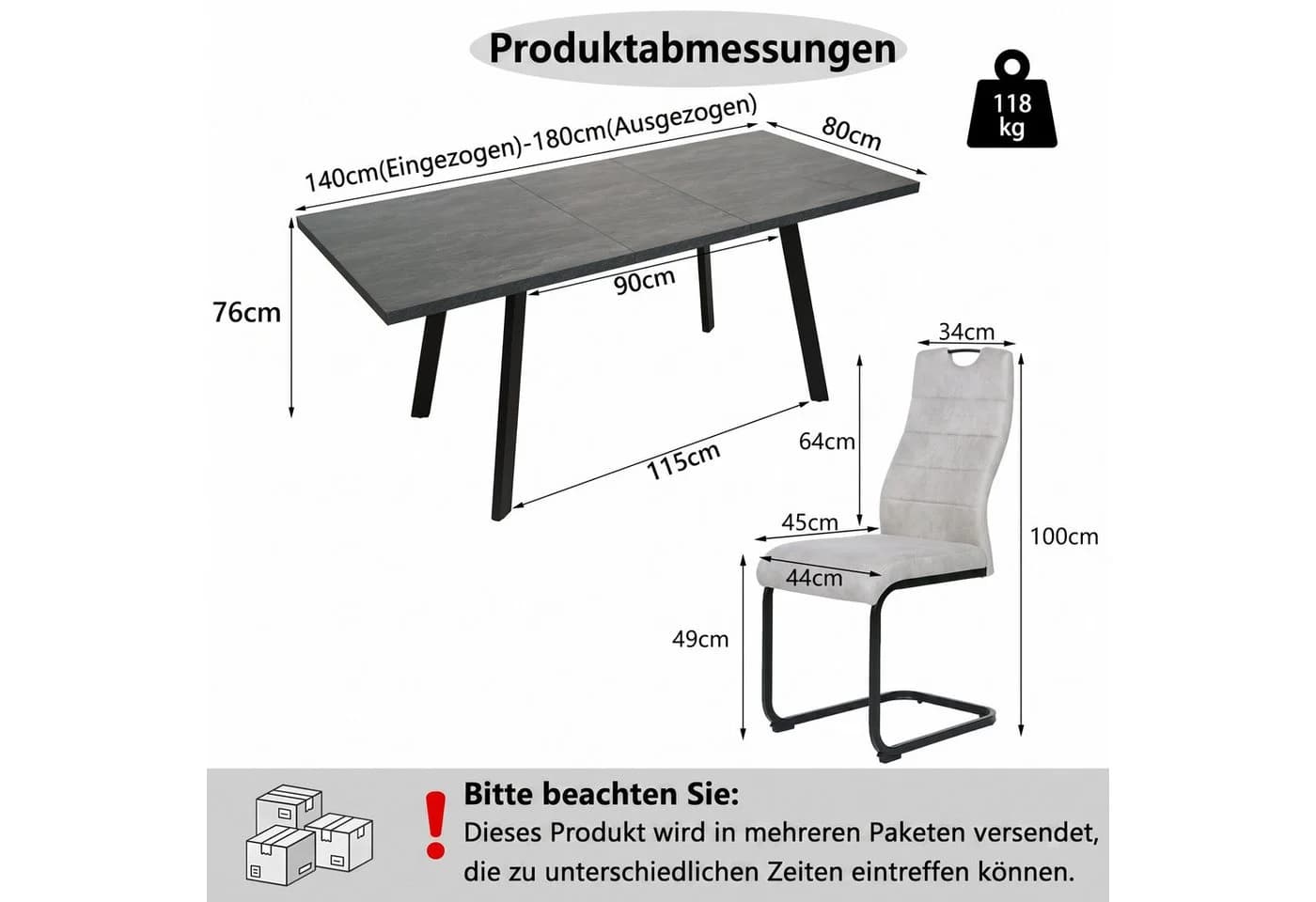 Jiexi Essgruppe Ausziehbar 140-180cm mit Freischwinger Stühlen Grau - Bild 3