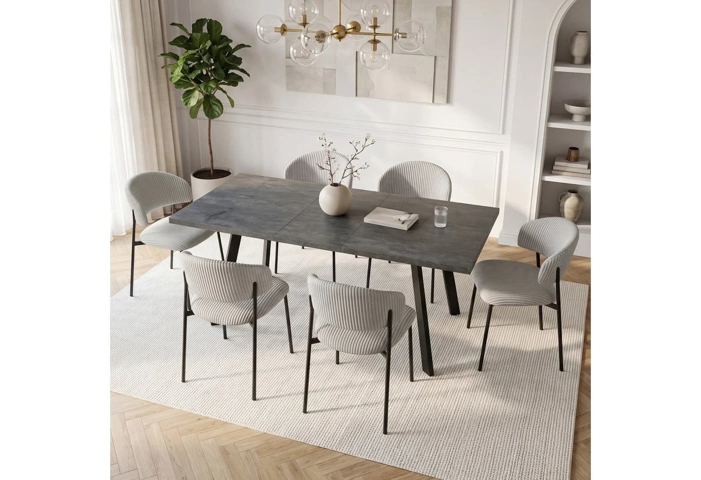 Jiexi Essgruppe Ausziehbar 140-180cm mit Cord-Stühlen Grau