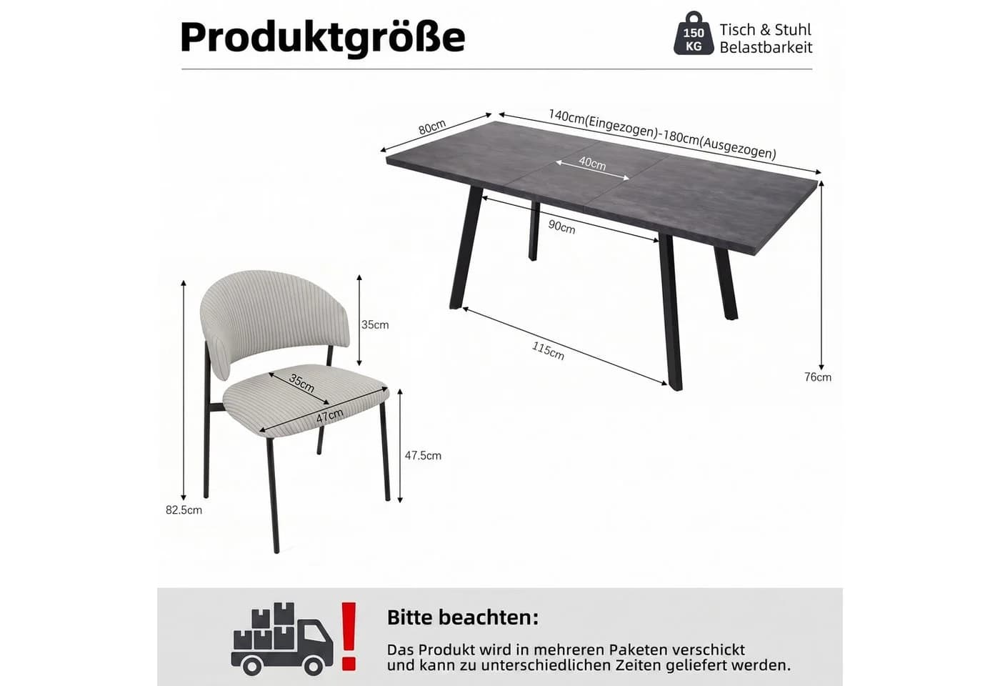 Jiexi Essgruppe Ausziehbar 140-180cm mit Cord-Stühlen Grau - Bild 3