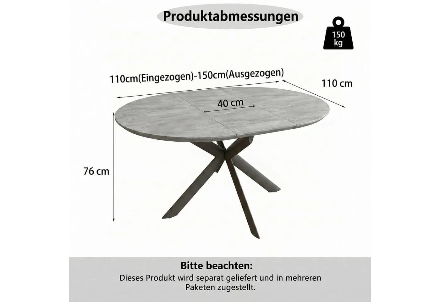 Jiexi Ausziehbarer Esstisch Rund/Oval Grau MDF - Bild 3