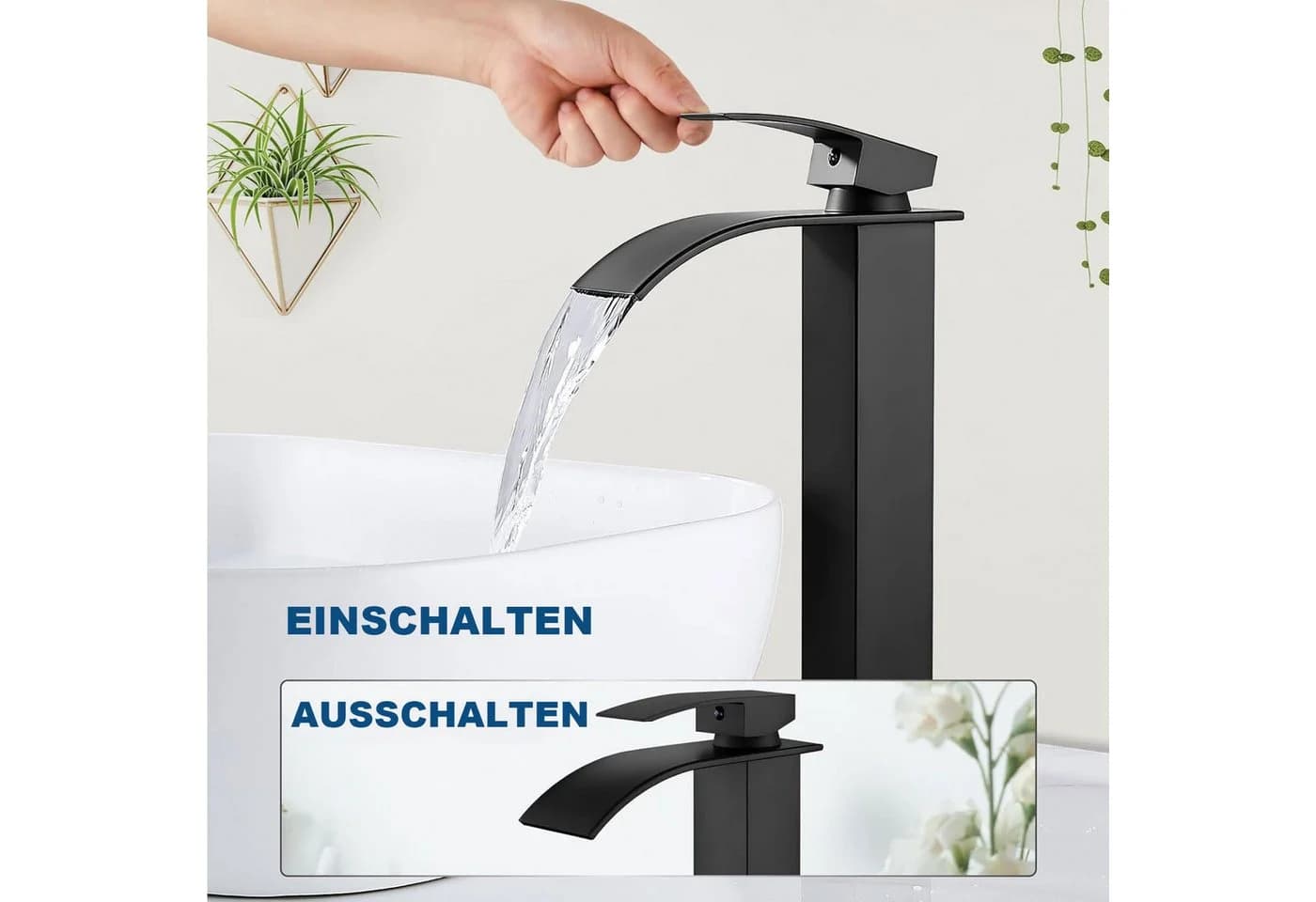 Refttenw Waschtischarmatur Wasserfall Wasserhahn Mattschwarz Edelstahl - Bild 3