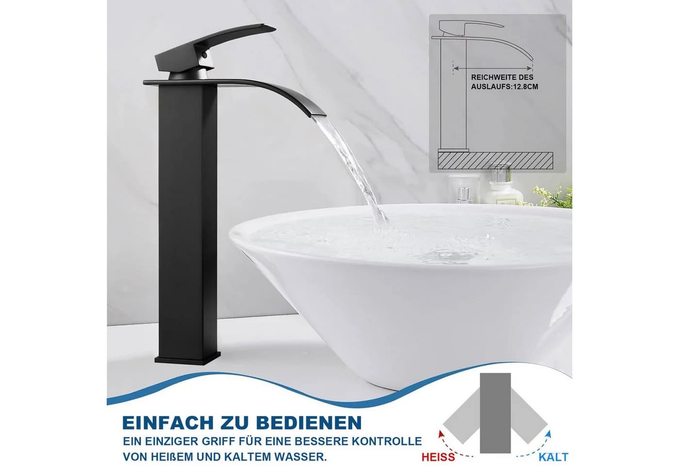 Refttenw Waschtischarmatur Wasserfall Wasserhahn Mattschwarz Edelstahl - Bild 4