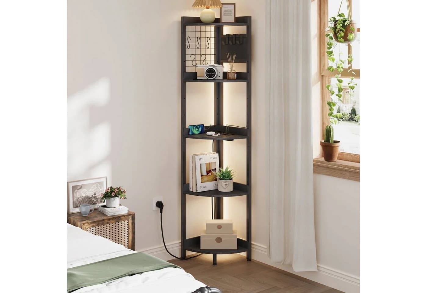 Dripex Eckregal 5 Ebenen Standregal mit LED Beleuchtung und Steckdosen, Schwarz - Bild 3