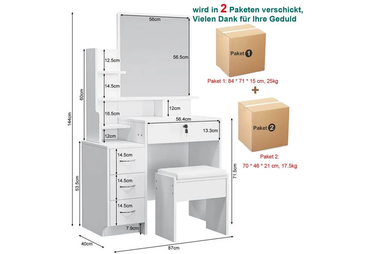 OUNUO Schminktisch Frisiertisch mit Spiegel Hocker und 4 Schubladen Kosmetiktisch Weiß - Bild 3
