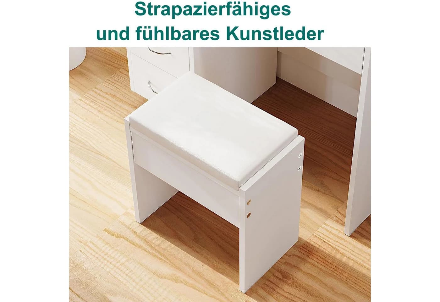 OUNUO Schminktisch Frisiertisch mit Spiegel Hocker und 4 Schubladen Kosmetiktisch Weiß - Bild 5