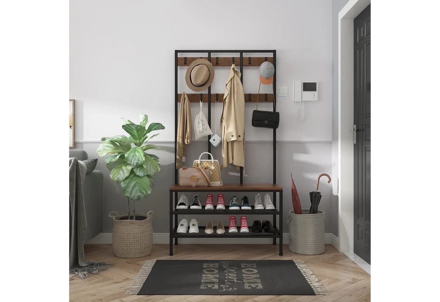 OUNUO Garderobe Garderobenständer mit Sitzbank und Schuhregal - Bild 3