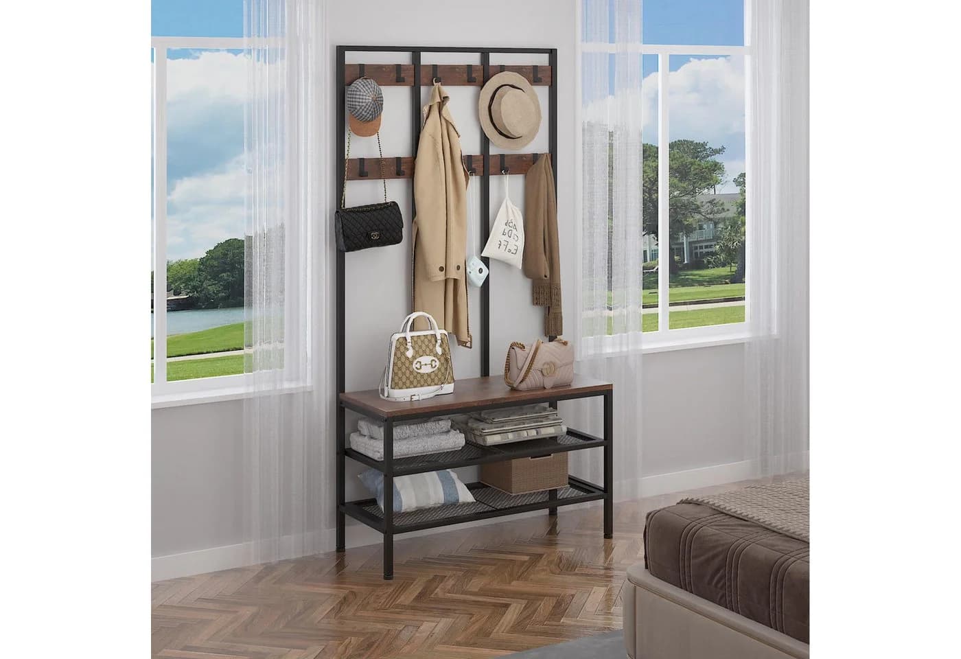 OUNUO Garderobe Garderobenständer mit Sitzbank und Schuhregal - Bild 4