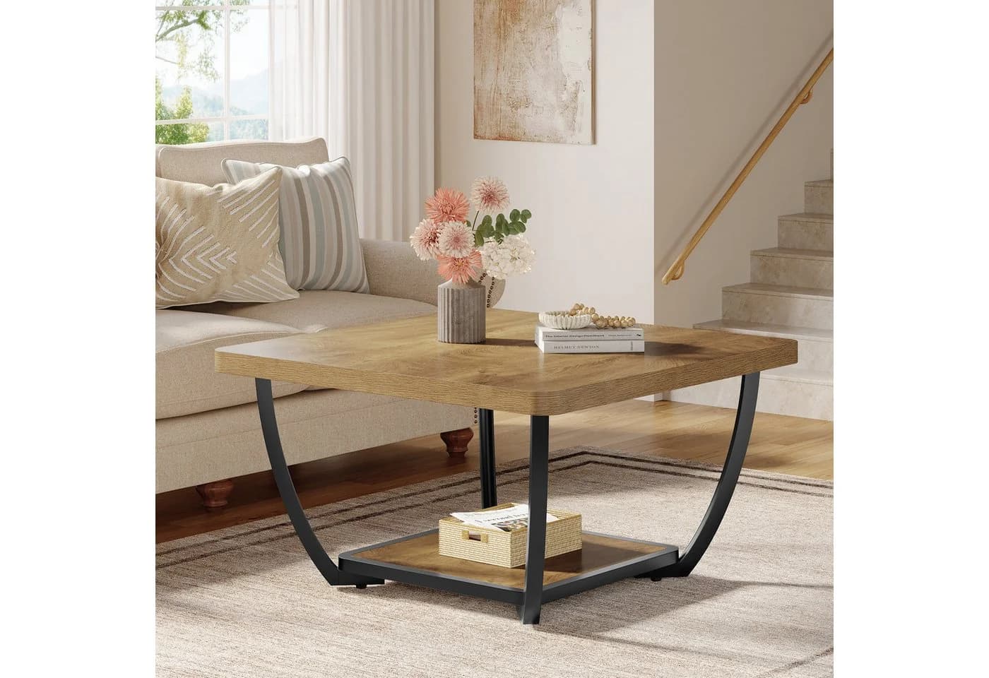 Tribesigns 2-stöckiger Couchtisch 80 cm quadratisch Braun Holz Metall - Bild 4