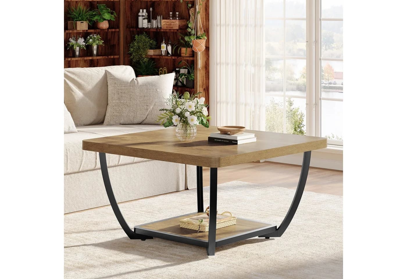 Tribesigns 2-stöckiger Couchtisch 80 cm quadratisch Braun Holz Metall - Bild 5