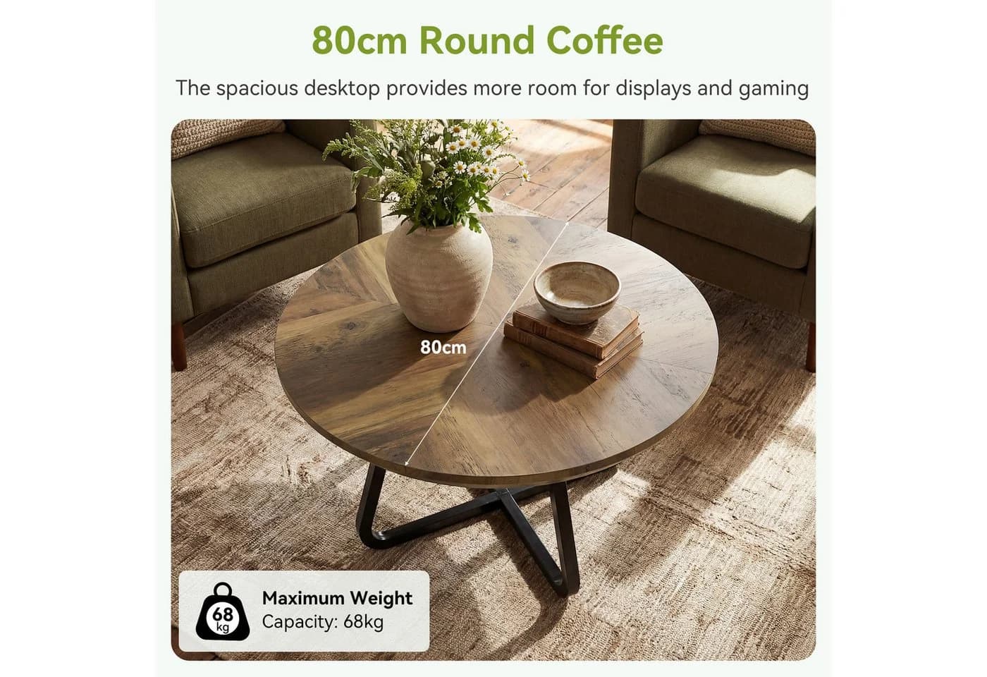 Tribesigns Runder Couchtisch 80 cm Braun Holz Metall - Bild 5