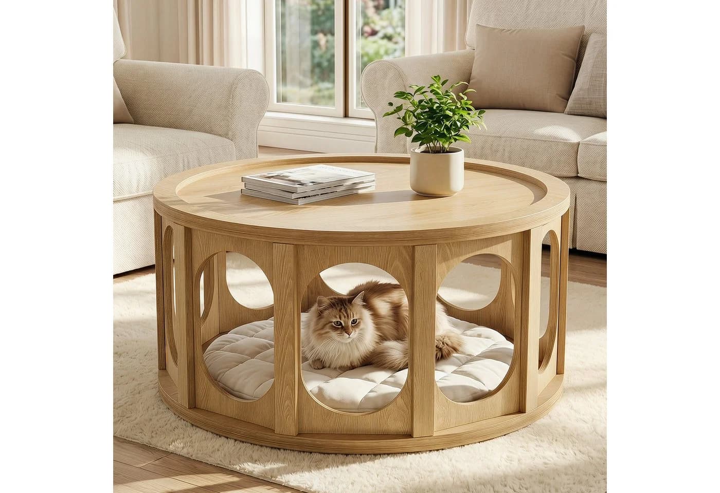 Tribesigns Runder Couchtisch 2-in-1 Katzenhöhle Braun Eiche - Bild 2