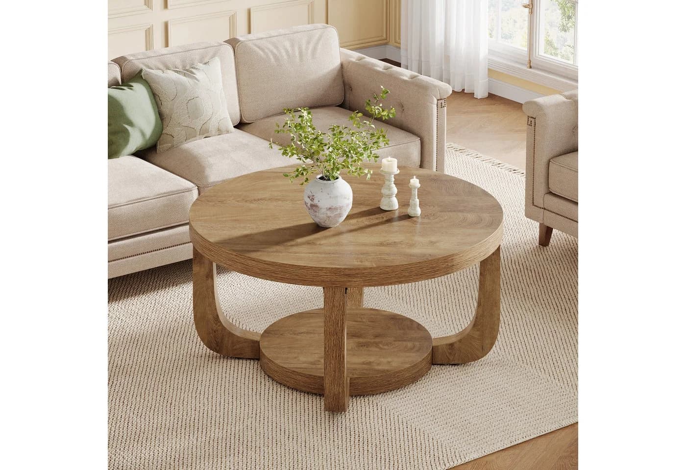 Tribesigns Runder Couchtisch 80 cm Braun Vintage Design