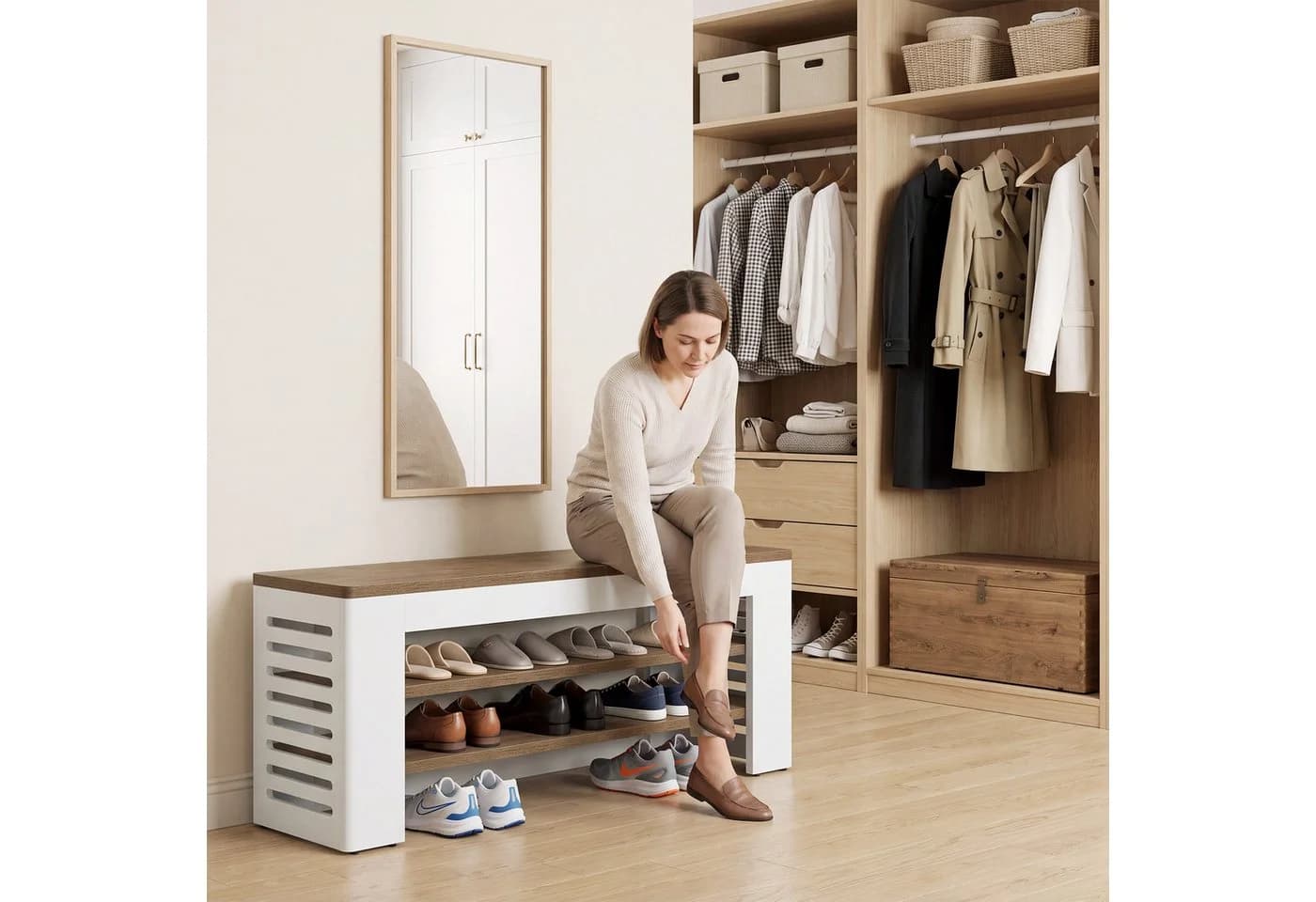 Tribesigns Schuhbank 140cm Weiß Holzoptik Sitzbank - Bild 4