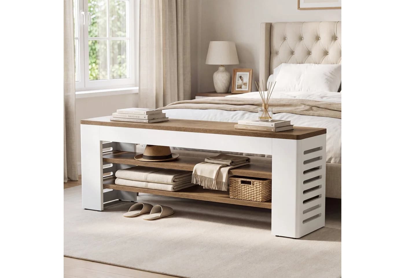 Tribesigns Schuhbank 140cm Weiß Holzoptik Sitzbank - Bild 5