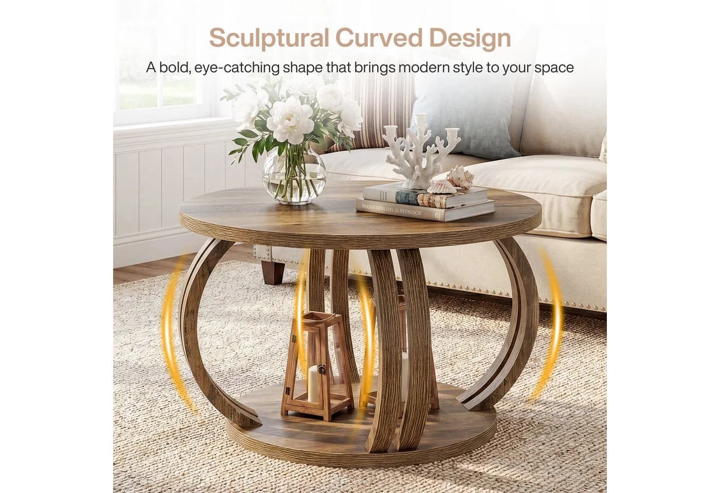 Tribesigns Runder Couchtisch 80 cm Braun mit Stauraum und 2 Ebenen