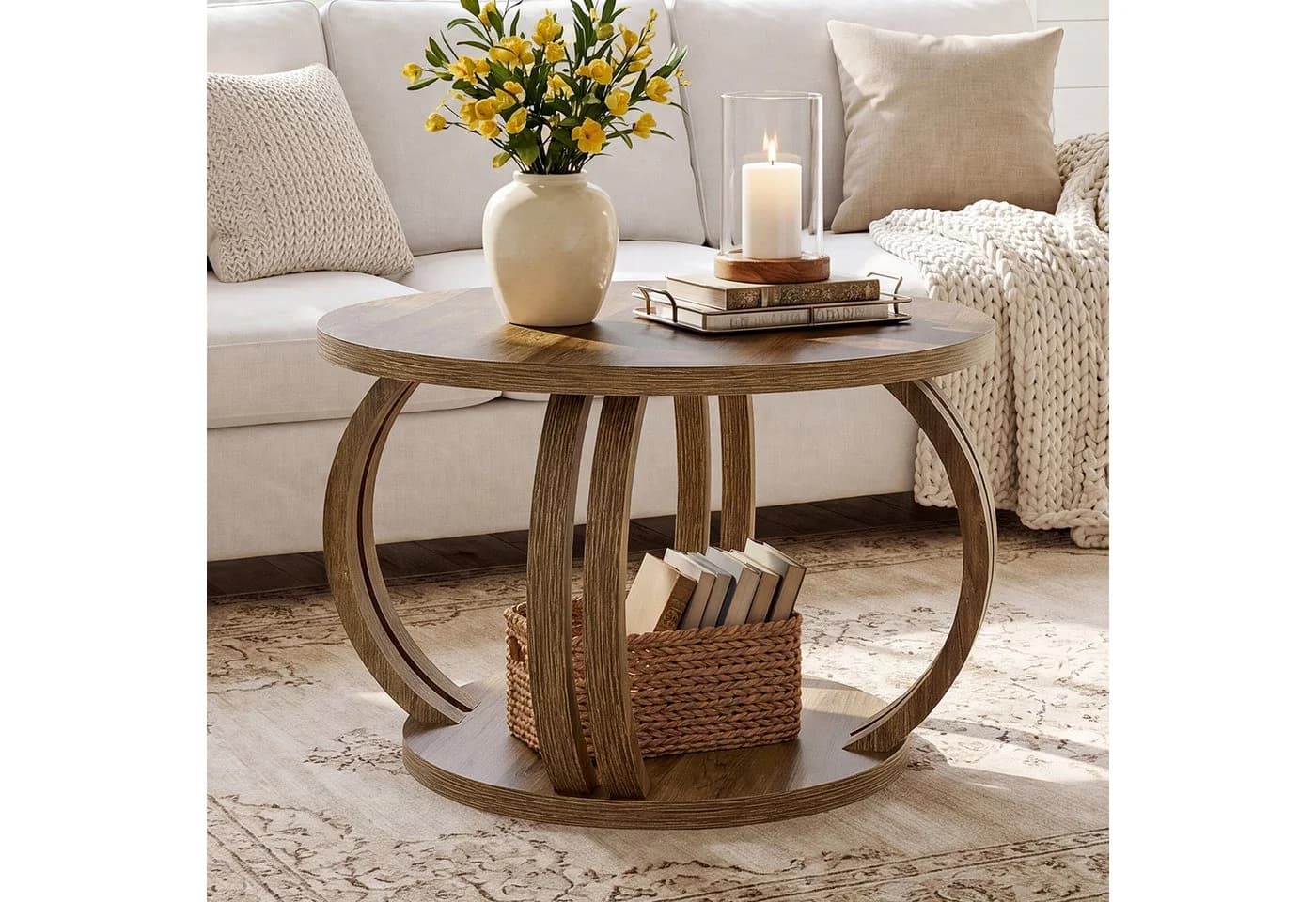 Tribesigns Runder Couchtisch 80 cm Braun mit Stauraum und 2 Ebenen - Bild 2