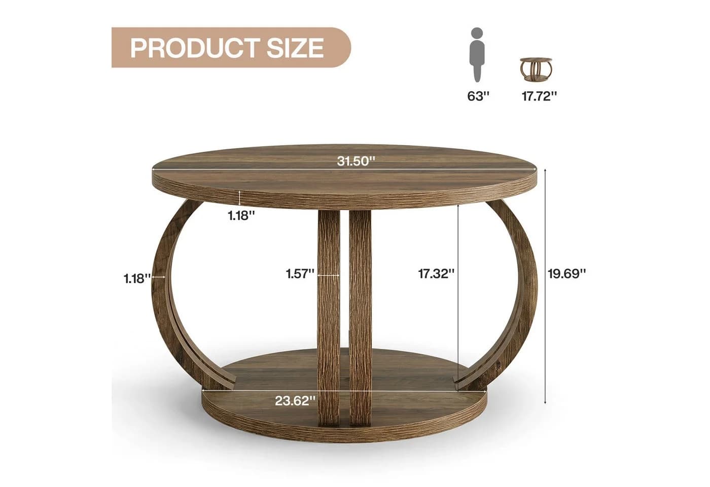Tribesigns Runder Couchtisch 80 cm Braun mit Stauraum und 2 Ebenen - Bild 3