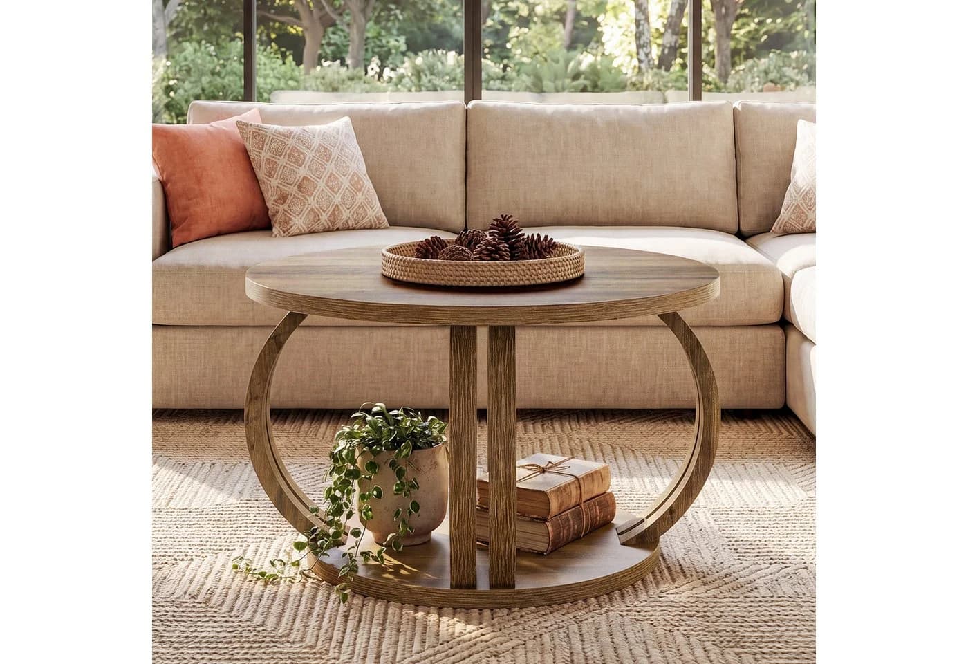 Tribesigns Runder Couchtisch 80 cm Braun mit Stauraum und 2 Ebenen - Bild 5