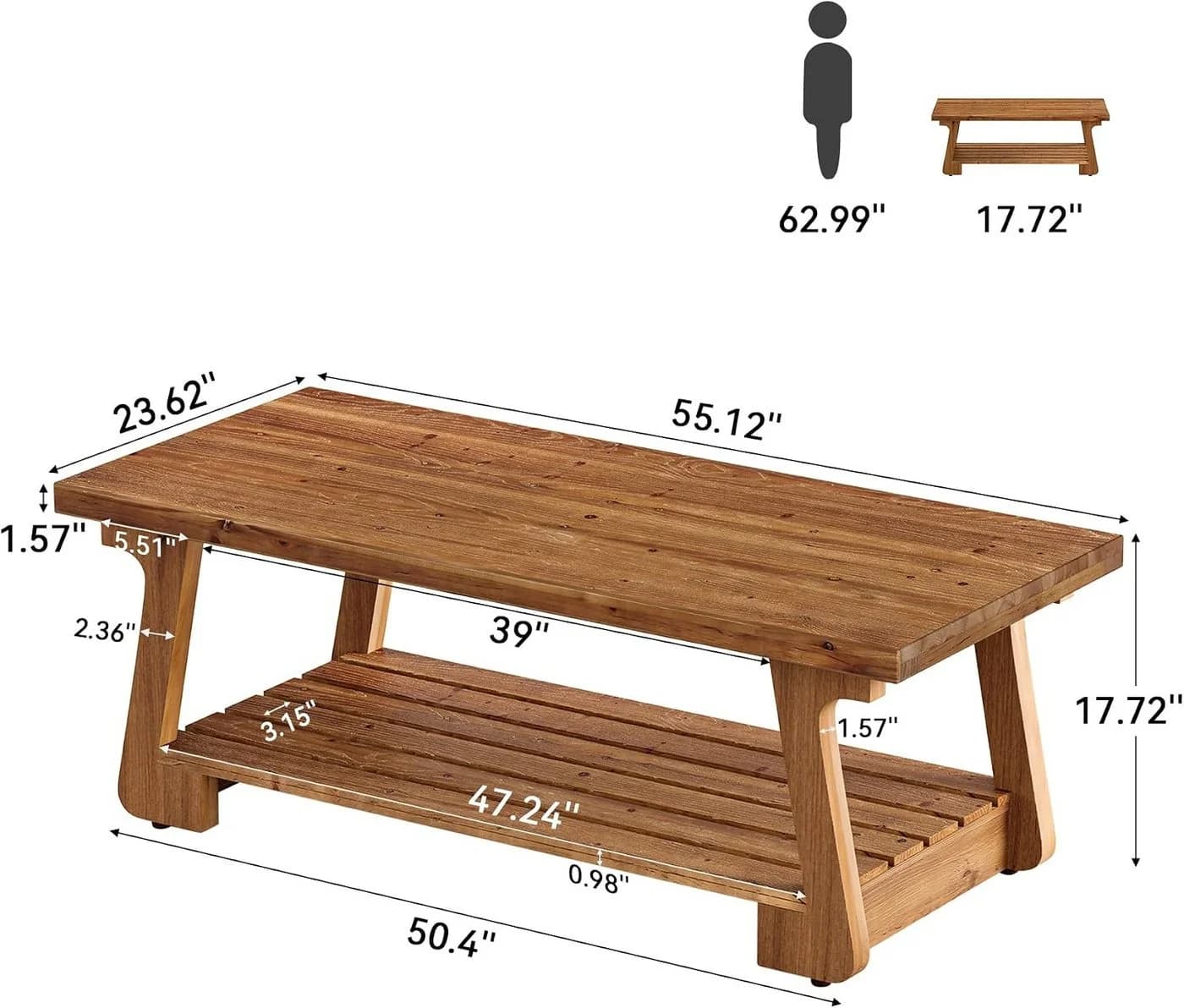 Tribesigns Couchtisch 140 cm Massivholz 2-Ebenen Ablage rustikal Braun