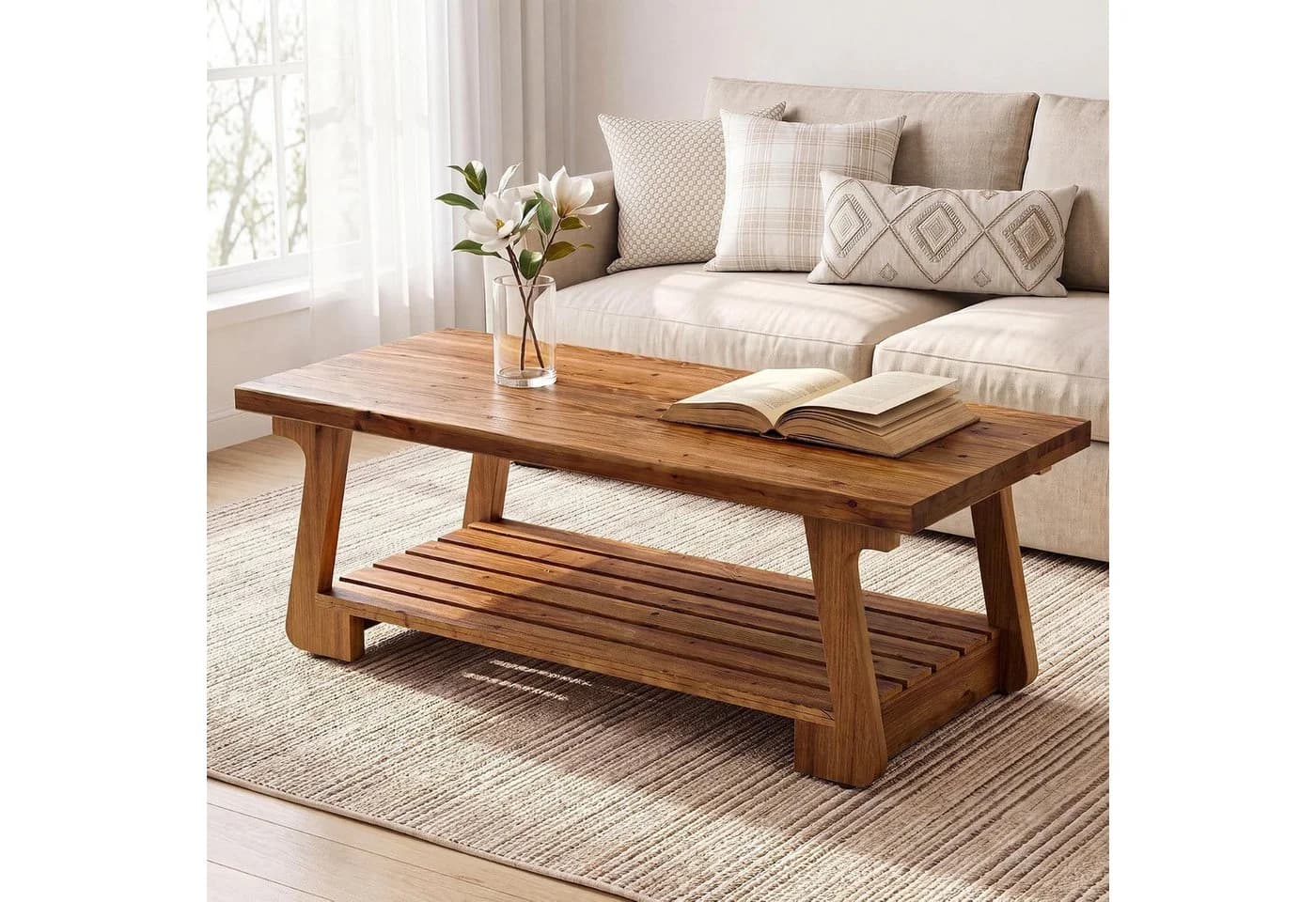Tribesigns Couchtisch 140 cm Massivholz 2-Ebenen Ablage rustikal Braun - Bild 2