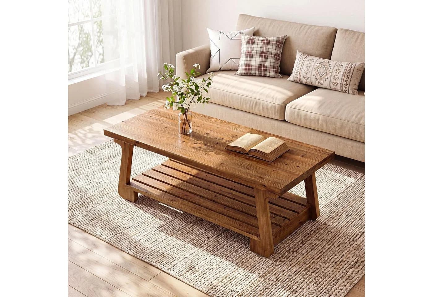 Tribesigns Couchtisch 140 cm Massivholz 2-Ebenen Ablage rustikal Braun - Bild 3