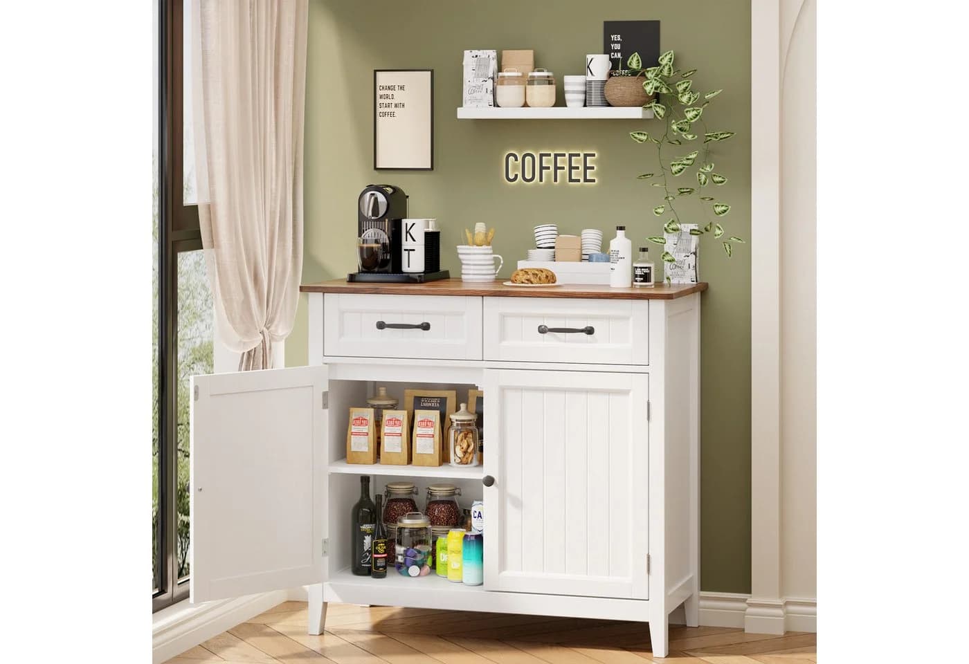 Bealife Sideboard Küchenschrank mit Arbeitsplatten, 2 Schubladen 2 Türen, Braun/Grau - Bild 3