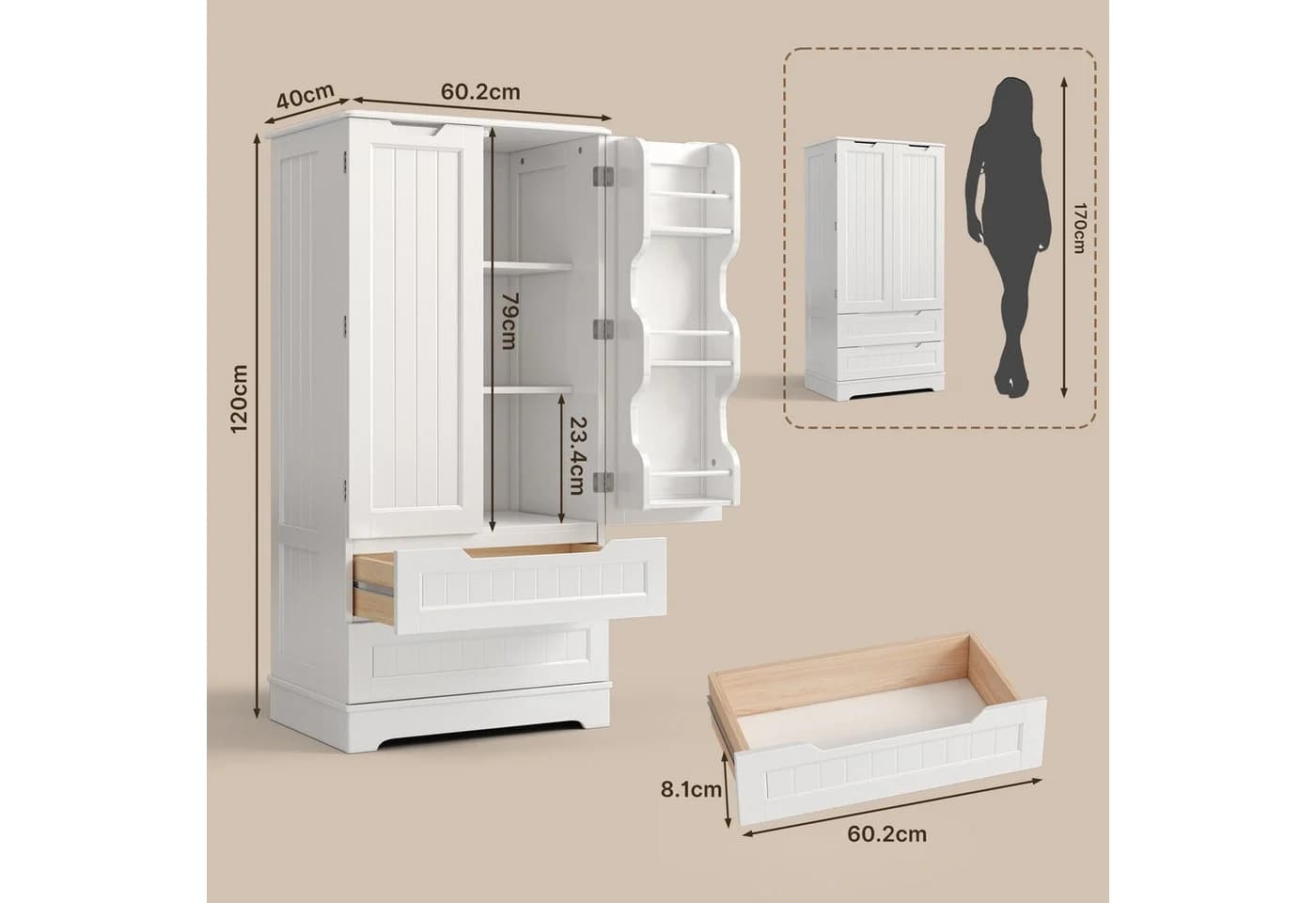 Bealife Küchenschrank 2 Schubladen 2 Türen Vorratschrank Weiß - Bild 5