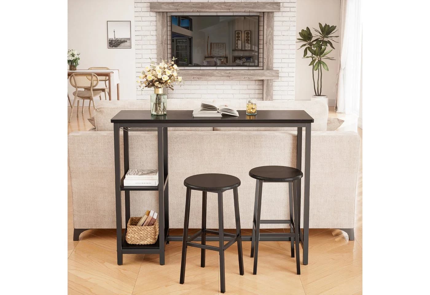 Bealife Bartisch Set 3-tlg. Stehtisch mit 2 Barhockern Küchentisch-Set mit Ablage Regal