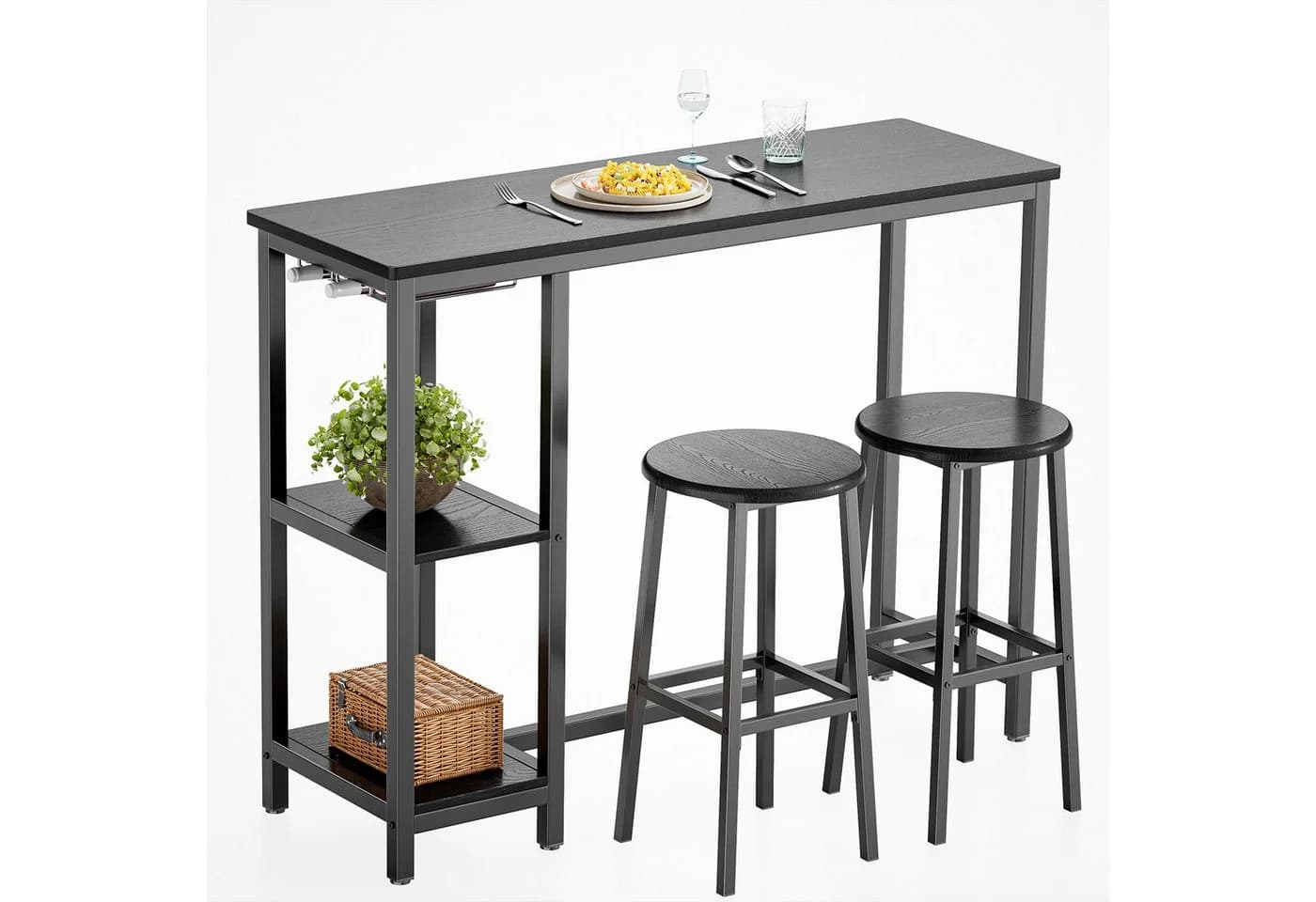 Bealife Bartisch Set 3-tlg. Stehtisch mit 2 Barhockern Küchentisch-Set mit Ablage Regal - Bild 2