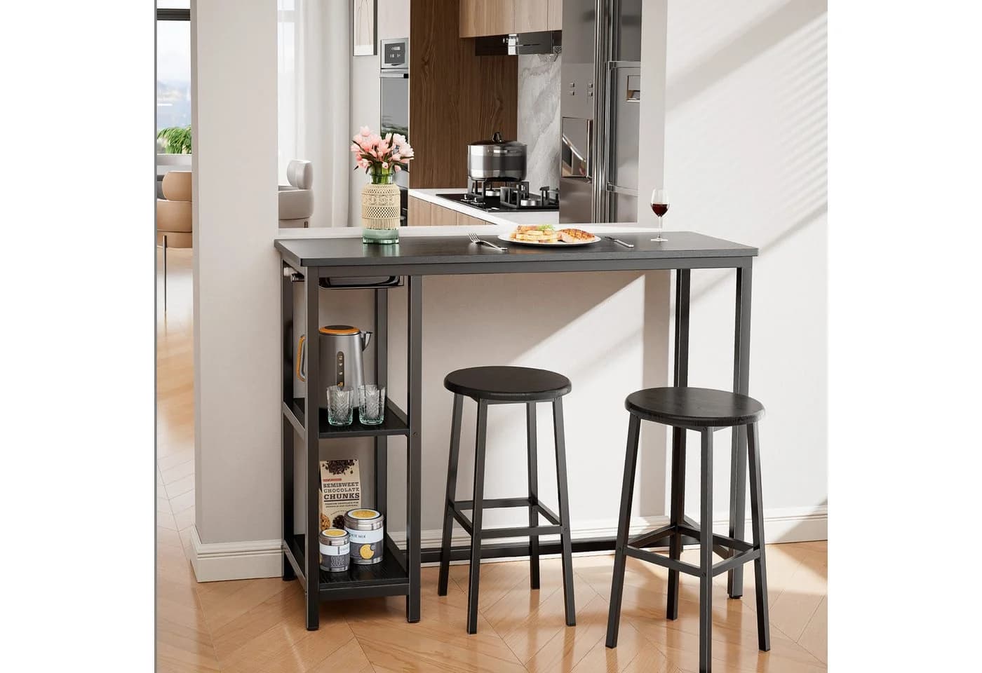 Bealife Bartisch Set 3-tlg. Stehtisch mit 2 Barhockern Küchentisch-Set mit Ablage Regal - Bild 3