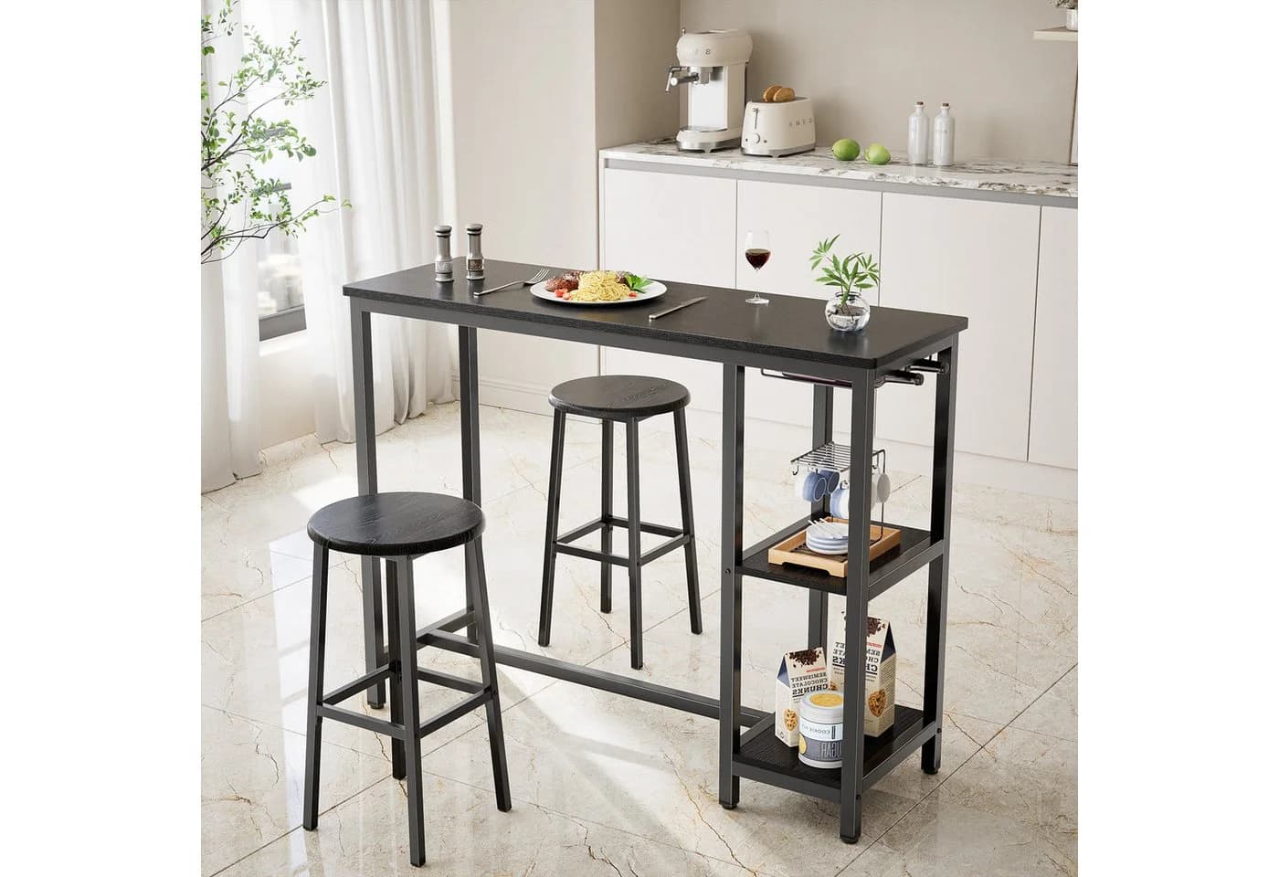 Bealife Bartisch Set 3-tlg. Stehtisch mit 2 Barhockern Küchentisch-Set mit Ablage Regal - Bild 4