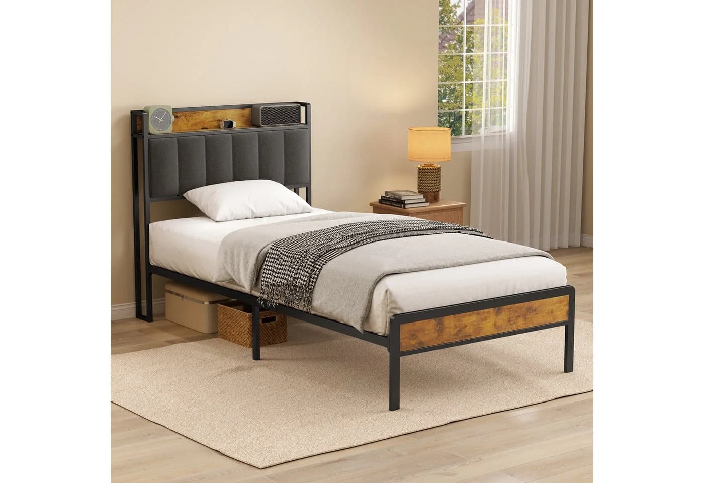 Bealife Polsterbett Einzelbett mit Kopfteil Grau Metall - Bild 5